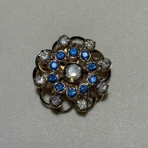 Vtg Mid Century Modern Gold Brooch with Clear and Blue Rhinestones